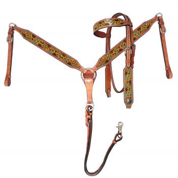Showman Hand Painted Sunflower tooled Browband Headstall and Breast collar Set